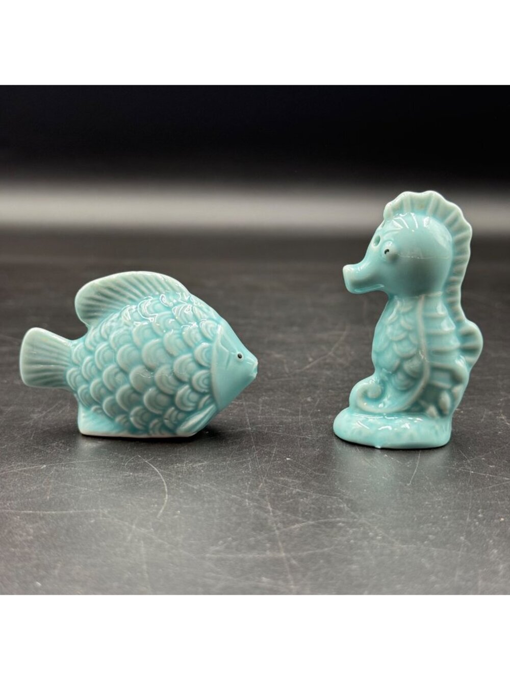 Vintage Blue Porcelain Marine Life Salt & Pepper Shaker Set Nautical Ceramic
